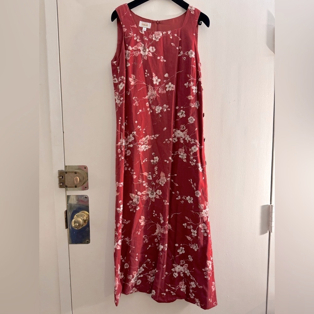 Talbots Y2K vintage Dress Maxi Linen Rayon Red Floral Sleeveless Lined 6